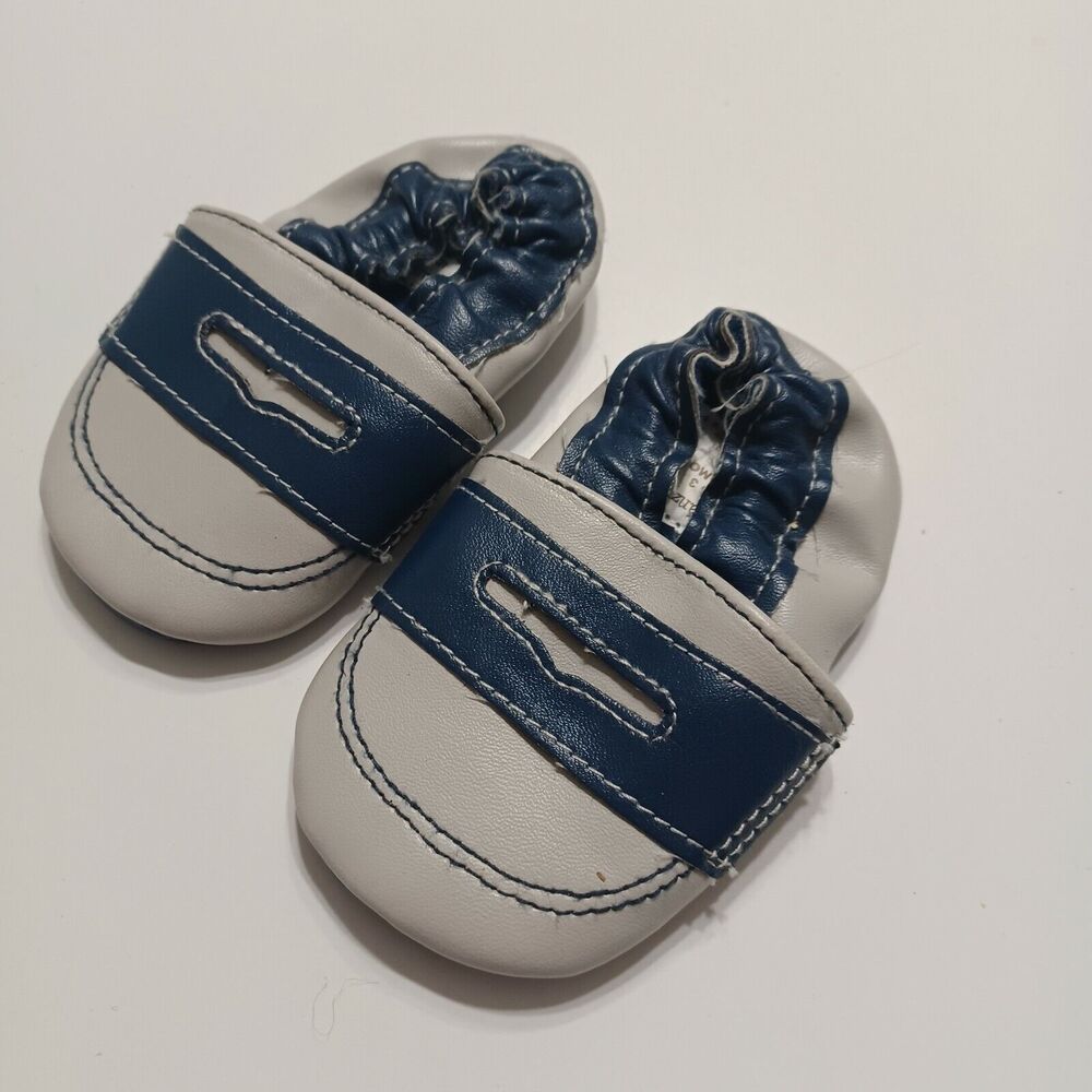 JuDanzy Baby Boy Size 3 9 Months Slip On Shoes Blue White Stiching Elastic Ankle